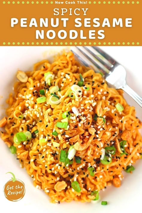 These spicy sesame peanut noodles are super easy, quick, and versatile. Ramen noodles are tossed with a Thai-inspired sauce made with soy sauce, sesame oil, rice vinegar, ginger, garlic, honey, sriracha, and creamy peanut butter for a delicious dish that can be served warm or cold. Serve them as a side dish, a starter, a snack, or add a protein and/or veggies to make it a meal! Get the recipe and try it! Spicy Ramen Noodle Recipes Siracha, Ramen With Peanut Sauce, Honey Siracha Noodles, Peanut Butter Roman Noodles, Spicy Peanut Butter Ramen, Peanut Ramen Noodles, Peanut Butter Ramen Noodles, Fancy Ramen, Spicy Sesame Noodles