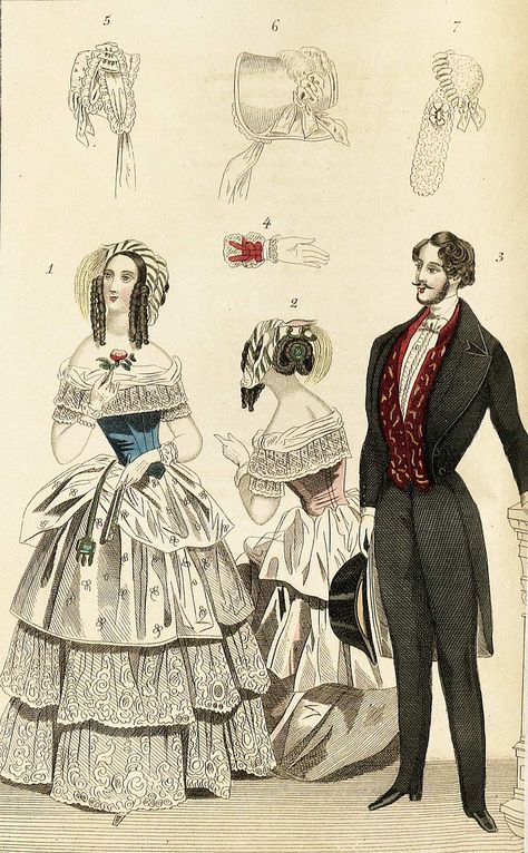 Magasin för konst, nyheter och moder 1844, illustration nr 8 - Style victorien — Wikipédia -------------------------------------------------- Illustration dépeignant les habits à la mode pour femme et pour homme, y compris gant et bonnet (1844). 3 People Costumes, Winter Outfits Blackgirl, Family Photo Outfits Winter, Evening Accessories, Family Photoshoot Outfits, 90s Fashion Outfits, Group Halloween Costumes, Victorian Clothing, Navy Blue Fabric