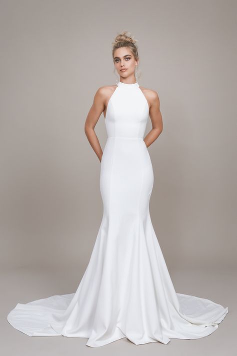 Knox | Vagabond Bridal | THE DRESS TRIBE Halter Sheath Wedding Dress, Column Wedding Dress Simple, Halter Neck Bridal Dress, High Neck Bridal Dress, Halter Bridal Gowns, Halter High Neck Wedding Dress, High Neck Wedding Dress Sleeveless, High Neck Open Back Wedding Dress, High Neck Wedding Dress Low Back