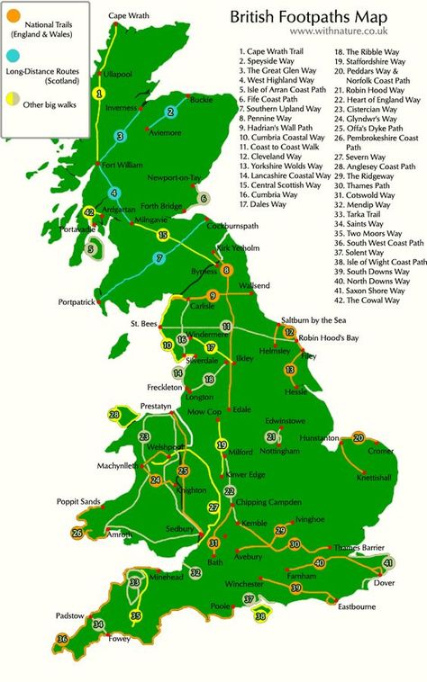 Footpaths Map of Great Britain Uk Walks, Long Distance Walking, Long Distance Hiking, Hiking Leggings, Map Of Britain, Walking Map, Walking Holiday, Adventure Holiday, Walking Routes