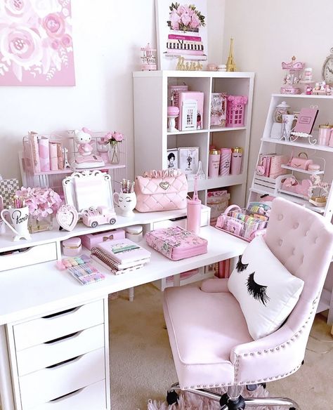 Pink And White Bedroom Ideas, Pink And White Bedroom, Bedroom Turned Closet, Pink Office Decor, Pink Wednesday, Vanity Space, White Bedroom Ideas, Girly Room Decor, Feminine Home Offices