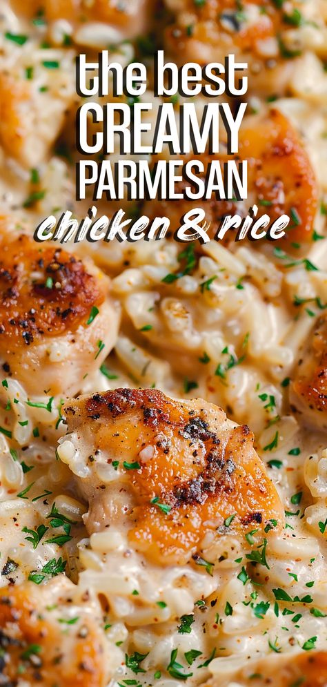 One-Pan Creamy Parmesan Chicken & Rice [40 Minutes] – Chasety Good Chicken Recipes Dinner Tonight, Easy Pan Meals Dinners, Easy Dinner Recipes Family Of 4, Meaty Meals Dinners, Chicken Rice Parmesan Recipe, Chicken Bulk Meal Prep, Family Meals With Rice, Healthy Fun Dinner Recipes, Chicken Shrimp Rice Recipes