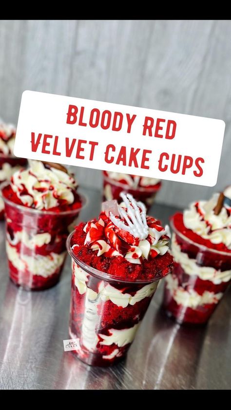 Pin on I like big CUPS and I cannot lie Friday 13 Cake Ideas, Halloween Cake In A Jar, Red Halloween Food Ideas, Dessert Ideas For Sale, Horror Themed Food Ideas, Halloween Cheesecake Cups, Vampire Inspired Food, October Cupcakes Ideas, Halloween Cake Cups