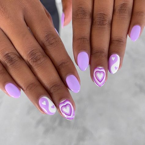 Yin Yang Nails Short, Purple Yin Yang Nails, Cool Short Nail Designs, Yin Yang Nails, Short Nail Manicure, Festive Nail Designs, Love Struck, Holiday Nail Designs, Purple Nail Designs