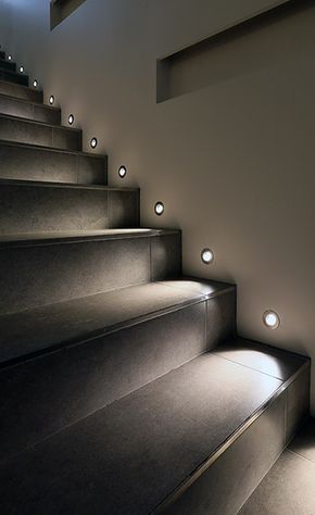 on stairs spotlights                                                                                                                                                      More Stairs With Lights, Stairway Lighting Ideas, Staircase Lighting Ideas, Stairs Lighting, درج السلم, Painted Staircases, Contemporary Stairs, Stairway Lighting, Stair Lights