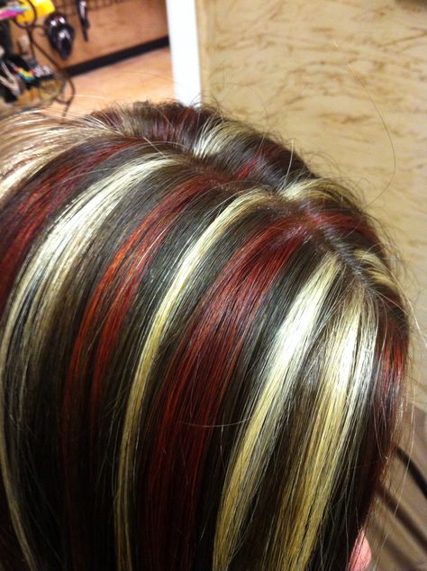 Lanza hair color. Serendipity BURLESON, TX. Black Hair With Red And White Highlights, Colored Stripes In Hair, Black White And Red Hair, Red White And Black Hair, Chunky Hair Color, Tri Color Hair, Lanza Hair Color, Highlights Low Lights, Red Blonde Hair