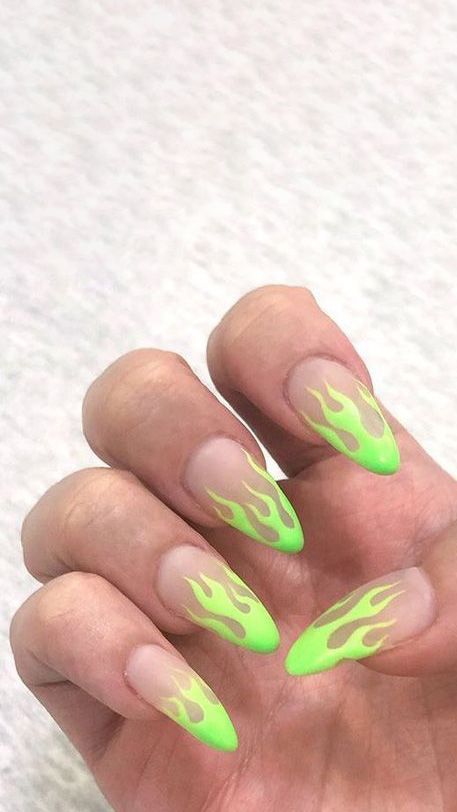 Green Flame Nails, Flames Nail Art, Design French Nails, Neon Flames, Nails Neon Green, Nail Design French, Neon Gel Polish, Flame Nail Art, Neon Green Nails