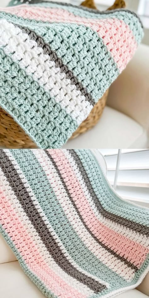 Half Double Crochet Blanket Free Pattern, Chunky Striped Crochet Blanket, Crochet Blanket Stripes Pattern, Easy Crochet Throw Blanket For Beginners, Crib Blanket Crochet Pattern, Scrap Blanket Crochet Free Pattern, Crochet Baby Blanket Color Schemes, 3 Color Crochet Blanket Pattern, Aphgan Patterns Crochet