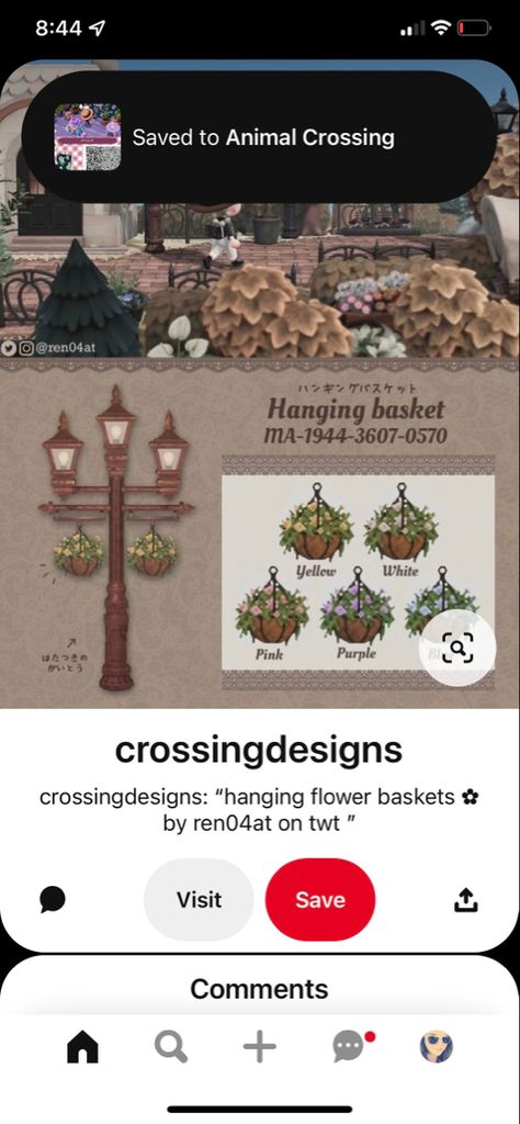 Acnh Hanging Basket Code, Acnh Lamp Post Design, Acnh Path, Laurel Crown, Cozy Games, Acnh Cottagecore, Rose Basket, Acnh Design, Acnh Codes