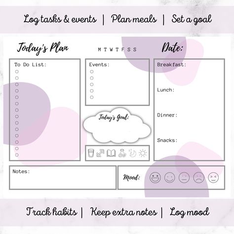 A4 Printable Daily Planner | Purple | Habit Tracker | Meal Planner | To Do List | Organizer | Task List | Productivity | Digital Download plannerset #printablebudgetplanner #freemenuplanner #12weekplanner Daily Planner Landscape, Daily Habit Tracker Printable, Today's Goal, Daily Planner Book, Cute Daily Planner, Daily Planner Printables Free, Planner Apps, Planner To Do List, Tracker Free