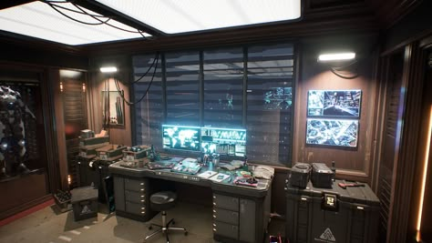 Engineering Room Design, Cyberpunk Office Interior, Cyberpunk Apartment Interior Design, Scifi Apartment, Scifi Office, Scifi Bedroom, Hi Tech Interior, Cyberpunk Office, Sci Fi Apartment