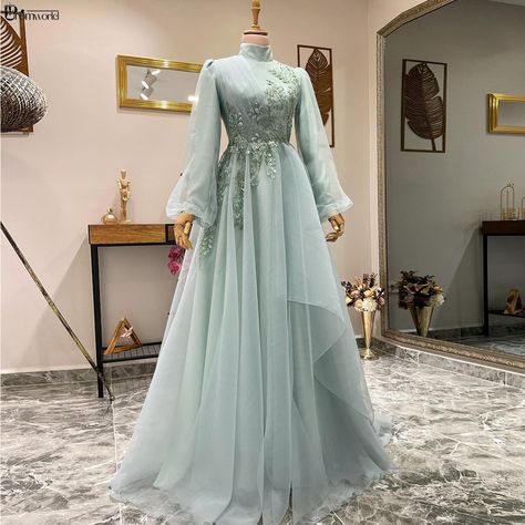 Muslim Gown, Gaun Tulle, Muslim Prom Dress, Beading Flowers, Gown With Sleeves, House Awnings, Long Ball Gown, Baju Kahwin, Reign Dresses