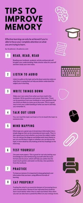 How to improve your memory. Memory hacks infographic #infographic #brain #mental #learning #memory #selfimprovement Improve Memory Brain, Cer Nocturn, Brain Memory, Exam Study Tips, Best Study Tips, Brain Facts, Study Tips For Students, Effective Study Tips, Study Techniques