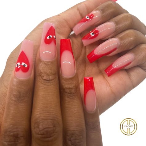 Bape Heart Nails, Play Heart Nails, Cdg Nails, Comme Des Garcons Nails, Play Heart, Matching Friend, Heart Face, Festival Nails, Heart Nails