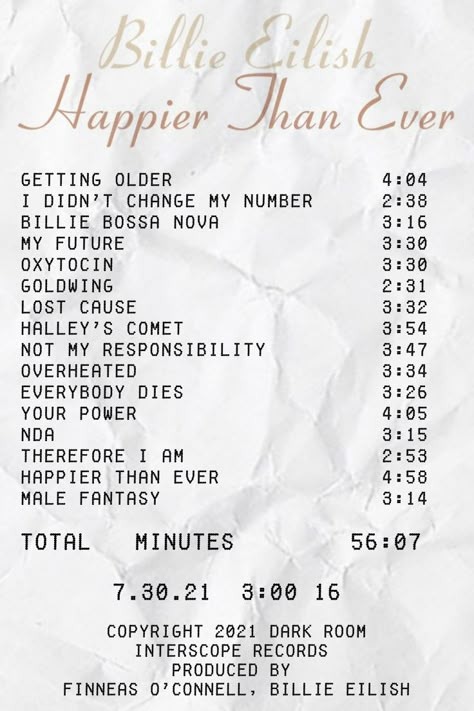 Album Receipts Billie Eilish, Billie Eilish Album Receipt, Happier Than Ever Receipt, Billie Eilish Receipt, Song Receipts, Happier Than Ever Poster, Happier Than Ever Wallpaper, Music Receipts, Music Receipt