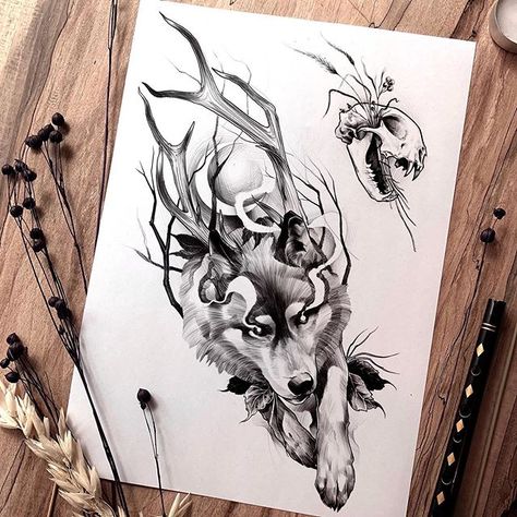 Mystical Wolf Tattoo, Illustrative Wolf Tattoo, Wolf Tattoo Sketch, Wolf Drawing Tattoo, Wolf Sketch Tattoo, Native American Wolf Tattoo, Wolf Girl Tattoos, Mystical Tattoos, Cowgirl Tattoos