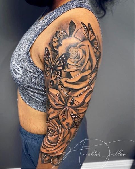 Girly Half Sleeve Tattoos For Women, Rose Sleeve Tattoo Black Women, Butterfly Rose Tattoo Sleeve, Flower Shoulder Sleeve Tattoo, Butterfly Flower Sleeve Tattoo, Flower And Butterfly Sleeve Tattoo, Sleeve Tattoos For Women Butterfly, Butterflies Sleeve Tattoo, Sleeve Tattoos For Women Butterflies