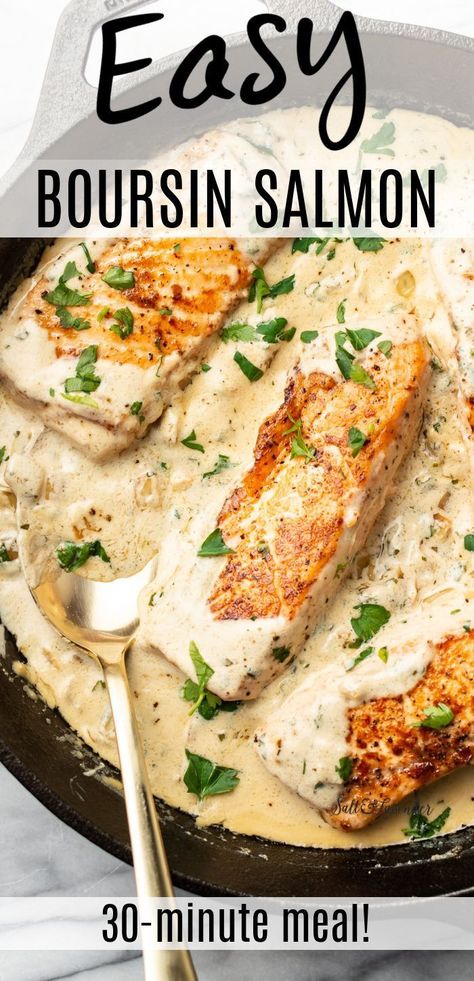 Lemon Herb Sauce, Boursin Recipes, Salmon Recipes Baked Healthy, Fish Dinner Recipes, Food Seafood, Seafood Entrees, Herb Sauce, Fish Recipes Healthy, Baked Salmon Recipes