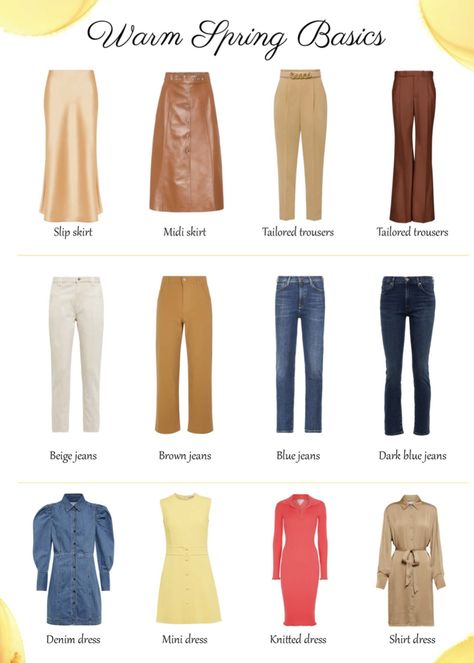 Tawny Spring Zyla, Golden Spring Color Palette, Warm Spring Winter Outfits, True Spring Fall Outfits, True Spring Color Palette Analysis, True Spring Outfits Aesthetic, True Spring Neutrals, House Of Colour Spring Outfits, True Spring Outfit Ideas