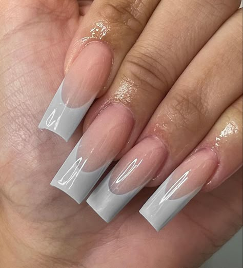 French Tip Nails Gray, Gray Tips Nails, Gray Square Acrylic Nails, Gray Nails French Tips, Light Gray French Tip Nails, Light Grey Acrylic Nails Designs, Grey French Tip Acrylic Nails, French Grey Nails, Dark Grey French Tip Nails