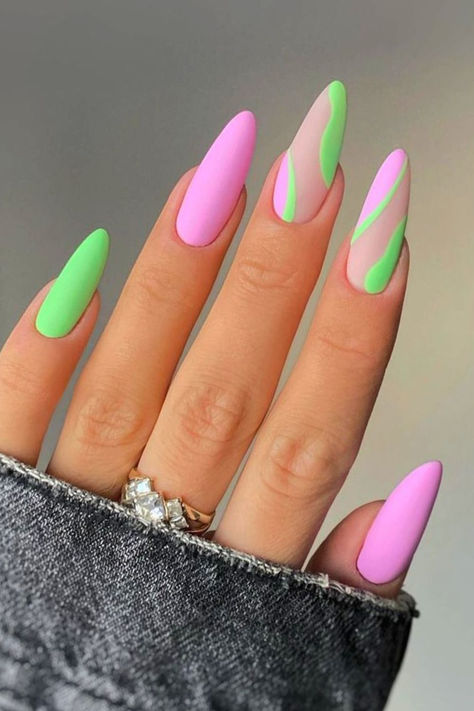 May nails Fun Nail Ideas Almond Shape, Caribbean Nails Designs Summer, Bright Square Nails, Simply Nail Design, Nails For Miami Trip, 3 Color Nails Ideas, Two Colour Nails, Creative Nails Designs, Nails Two Colors