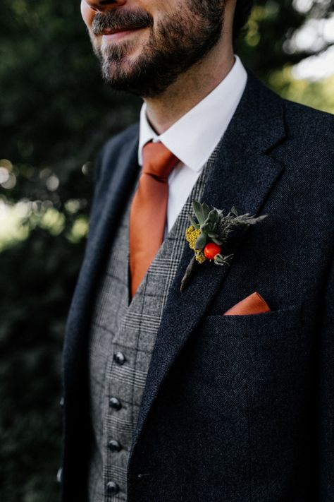 Groom In Check Waistcoat With Orange Tie And Buttonhole | By Epic Love Story | Groom Outfit | Buttonhole for Groom | Navy Wedding Suit | Three Piece Suit For Groom | Preston Court Wedding | Magical Wedding | Stars Wedding Theme | Kent Wedding Venue | Boho Wedding Men In Three Piece Suits, Men Navy Wedding Suit, Wedding Man Costume, Groom Suits For Wedding Fall, Non Traditional Groom Suit, October Wedding Suits, Mens Suit Ideas For Wedding, November Groom Suit, Navy Three Piece Suit Groom