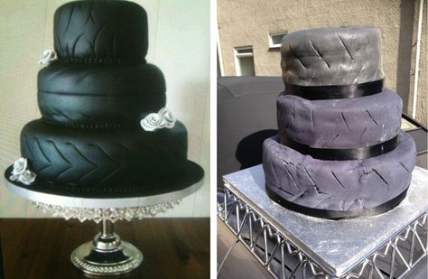 Epic cake fail. Bride Gets Wedding Cake Revenge on eBay. (No idea why anyone but the Michellin Man would want a tire wedding cake in the first place though.) Wedding Cake Fails, Tire Cake, Cake Fails, Funny Wedding Cakes, Cake Wrecks, Expectation Vs Reality, Wedding Humor, Wedding Deco, How To Make Cake