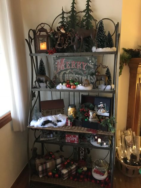 Decorating Bakers Rack Ideas, Christmas Bakers Rack Decor, Bakers Rack Christmas Decorating, Bakers Rack Ideas, Bakers Rack Decorating, Outdoor Bakers Rack, Bakers Rack Kitchen, Cocoa Station, Rack Decor