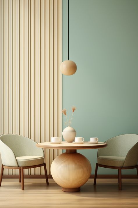 Step into a world of enchantment with this dining room featuring green walls and minimalist ceramics. The striped compositions and soft pastel tones create a soothing and inviting atmosphere. Inspired by traditional Vietnamese design and cottagecore aesthetics, this space is a perfect blend of charm and simplicity. #interiordesign #enchantinghome #pasteltone #minimalistdecor #vietnamesedesign Pops Of Colour Interior, Pastel Green Living Room, Minimalist Interior Design Living Room, Room With Green Walls, Pastel Scandi, Vietnamese Design, Minimalist Ceramics, Pastel Interior Design, Green Walls Living Room