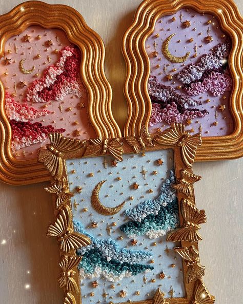 Erin Alyssa • Embroidery Artist + Author (@saltwaterstitches) • Instagram photos and videos Embroidery On Paper Art, Display Embroidery Ideas, Embroidery Present Ideas, Embroidery Inspiration Ideas, Embroidery Display Ideas, Bead Embroidery Ideas, Diy Embroidery Gifts, Embroidery Gift Ideas, Key Embroidery