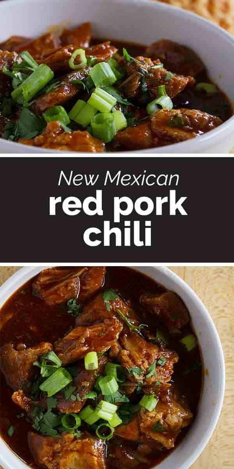 Tender chunks of pork are bathed in a rich chili sauce in this New Mexican Red Pork Chili that will leave you licking your bowl clean. Red Chili Verde Pork, Pork Red Chili Recipes, Red Pork Chili, Mexican Pork Chili, Steak Chili Recipe, Pork Chili Recipe, Chili Colorado, Meat Chili, Pork Chili