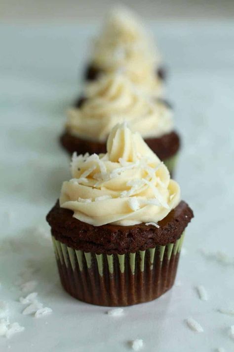 Chocolate Coconut Rum Cupcakes Coconut Rum Cupcakes, Tuxedo Cupcakes, Alcoholic Cupcakes, Rum Cupcakes, Vegan Chocolate Cupcakes, Fun Cupcake Recipes, Delish Desserts, Coconut Cupcakes, Butter Frosting