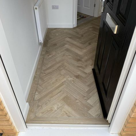 Downstairs Flooring, Downstairs Flooring Ideas, Small Hallway Flooring Ideas, Herringbone Floor With Border, Herringbone Lvt Floor, Herringbone Hallway, Herringbone Floor Bathroom, Amtico Flooring, Norfolk House