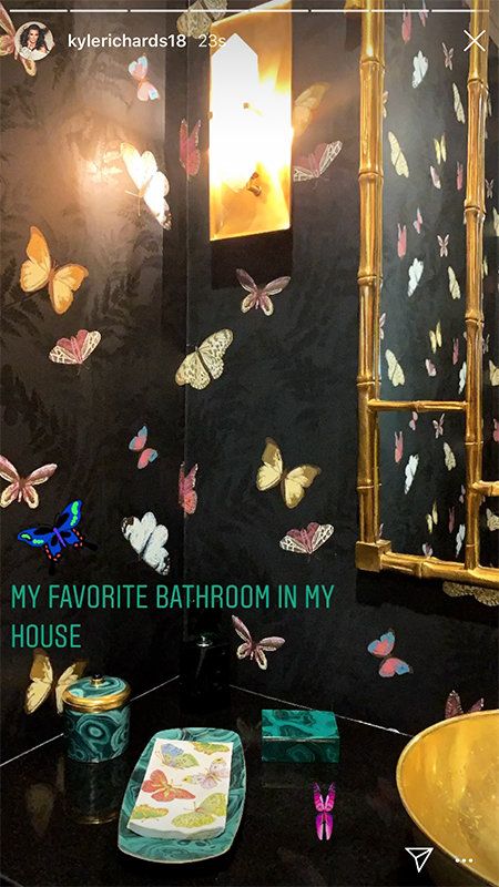 Kyle Richards Has the Most Unique Butterfly Bathroom | Style & Living Luxurious Backyard, Butterfly Bathroom, The Butterfly Effect, Grand Entryway, Black Rooms, Real Housewives Of Beverly Hills, Unique Butterfly, Colonial Style Homes, Sell My House