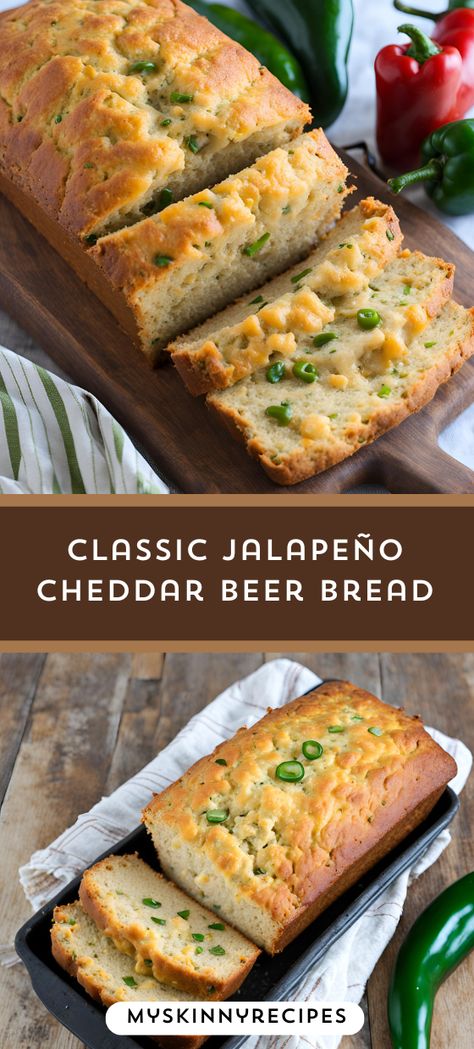 🧀🌶️ Classic Jalapeño Cheddar Beer Bread 🍺🍞 Dive into the perfect blend of savory cheddar, spicy jalapeños, and hearty beer with this easy-to-make recipe! Each slice is bursting with flavor and warmth, making it the ultimate comfort food. Perfect for pairing with soups, chili, or simply enjoyed on its own with a smear of butter. #BeerBread #JalapenoCheddar #HomemadeBread #SavoryDelight #myskinnyrecipes Cheddar Beer Bread, Blueberry Oatmeal Cookies, Cinnamon Swirl Banana Bread, Dutch Oven Bread, Stuffed Jalapenos With Bacon, Jalapeno Cheddar, No Rise Bread, Blueberry Oatmeal, Beer Bread