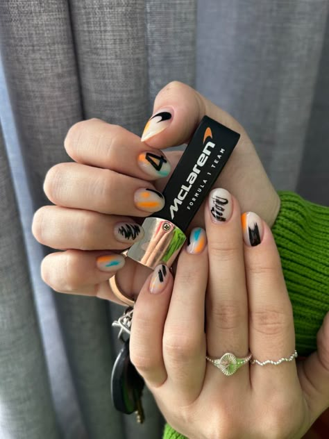 Mclaren Inspired Nails, Lando Norris Nails Art, F1 Nail Ideas, Lando Norris Inspired Nails, F1 Nails Designs Mclaren, Car Inspired Nails, Motorsport Nails, Formula 1 Nails Designs, Lando Norris Nail Design