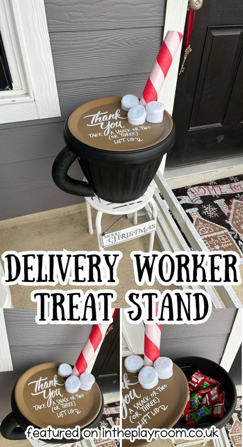 DIY Delivery Worker Snack Station: Easy Hot Chocolate Treat Stand for Christmas - In The Playroom Christmas Drive Thru Ideas, Hot Chocolate Sign Diy, Hot Cocoa Planter, Hot Chocolate Planter, Giant Hot Chocolate Cup Decoration, Hot Cocoa Cup Outdoor Decor, Christmas Craft Station, Hot Chocolate Decoration Ideas, Diy Hot Cocoa Bar Stand