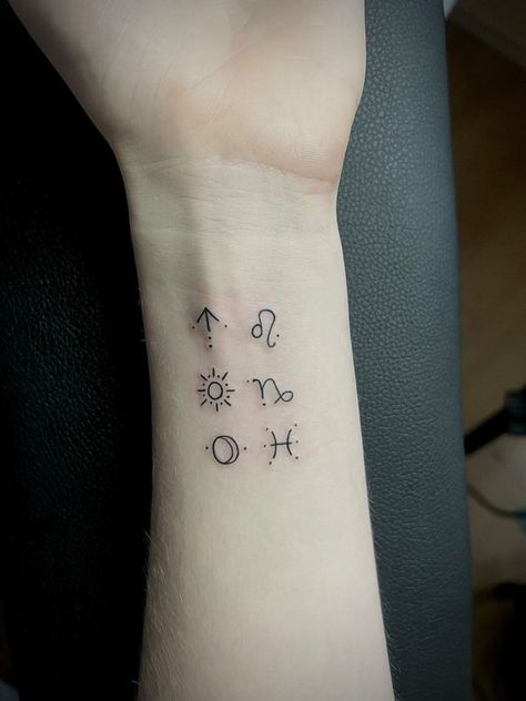 Big Three Astrology Tattoo Leo Sleeve Tattoo, Moon In Leo Tattoo, Zodiac Sun Moon Rising Tattoo, Sun Moon Rising Sign Tattoo, Rising Symbol Astrology, Sun Rising Moon Sign Tattoo, Rising Sun Moon Tattoo, Astrology Sun Moon Rising Tattoo, Capricorn Sun Tattoo