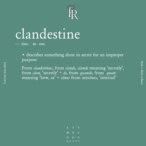 Clandestine #EtymologyRules #CultivateYourMind #etymology #words #wordsmatter Clandestine Aesthetic, Aesthetic Vocabulary, Etymology Words English, Art Essay, English Word Book, Unique Words Definitions, Big Words, Weird Words, Words Matter