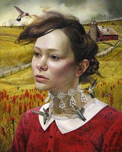 Andrea Kowch - Her Thoughts They Hum [2014] | Flickr - Photo Sharing! Andrea Kowch, Photo Illusion, Bo Bartlett, Alex Colville, Magic Realism, Andrew Wyeth, Pop Surrealism, Figurative Art, Portrait Art