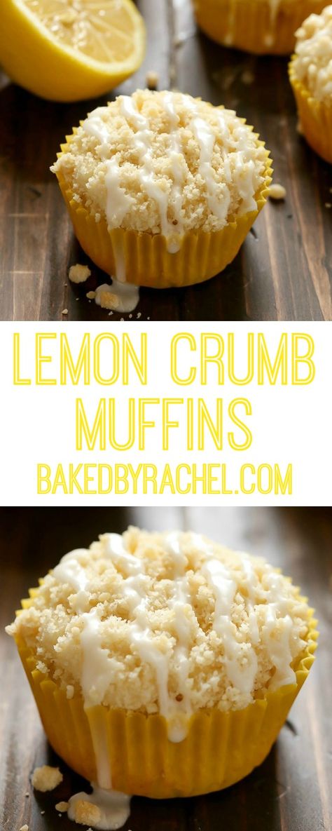 Moist and fluffy homemade lemon crumb muffins with a sweet lemon glaze. Recipe from @bakedbyrachel Lemon Crumb Muffins, Muffins Lemon, Desserts Bars, Lemon Glaze Recipe, Crumb Muffins, Lemon Dessert, Streusel Muffins, Low Carb Muffins, Muffin Tin Recipes