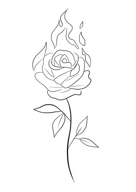 Rose On Fire Tattoo Simple, Flowers With Stems Drawing, Flowers Outline Drawing, Floral Linework, Rose Tattoo Stencil, Cute Thigh Tattoos, Rose Outline, Rose Drawing Tattoo, Rose Hand Tattoo