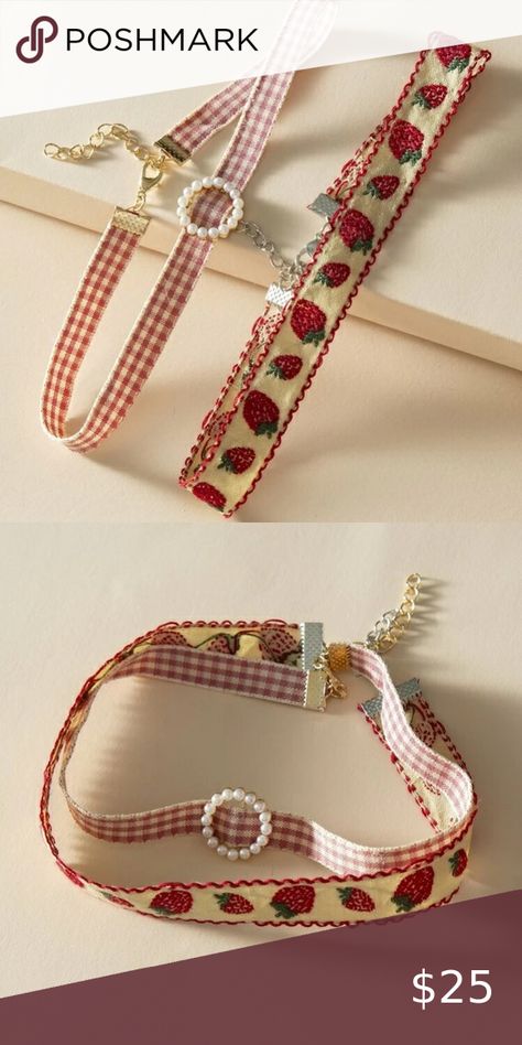 NEW Cottagecore Strawberry Gingham Embroidered Lace Choker Necklace Bundle Set Cottagecore Strawberry, Strawberry Ideas, Beaded Diy, Summer Choker, Ribbon Choker Necklace, Lace Choker Necklace, Cute Ribbon, Urban Outfitters Jewelry, Ribbon Choker