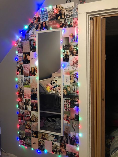 Pictures On Mirror Bedrooms, Picture Mirror Wall Collage, Mirror With Photos Around It, Collage Wall With Mirror, Photo Collage Wall Bedroom, Wall Collage With Mirror, 3 Mirrors On Wall Ideas, Pink Collage Wall, Pink Aesthetic Photos