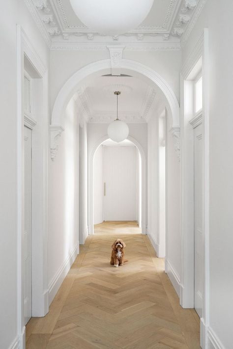 Parquetry Floor, White Hallway, Hallway Door, Marble Home, Heritage House, Long Hallway, Herringbone Floor, Street House, Character Home