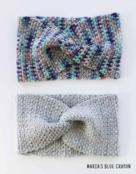 Crochet Twisted Ear Warmer Pattern - Maria's Blue Crayon Crochet Twisted Ear Warmer, Ear Warmer Crochet Pattern, Twisted Ear Warmer, Ear Warmer Crochet, Crochet Hats For Boys, Stitch Ears, Blue Crayon, Knit Headband Pattern, Crochet Kids Hats