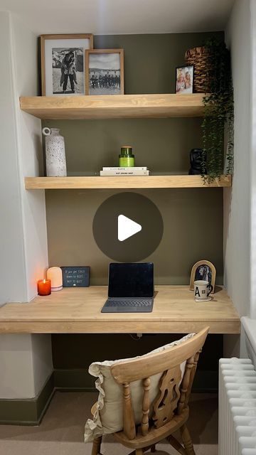 B&Q on Instagram: "ad DIY ALCOVE DESK with @bandq_uk!   I diy-ed an alcove desk to create my dream office space using materials, paint and accessories from @bandq_uk.   I first built the frame for the desk & shelves and then used 300mm pine furniture boards for the shelves & the desk.   I then added a front trim & stained with my colour of choice. I absolutely love how this space has turned out & can’t believe how easy it was to complete.  Full product list for you below and a more detailed explanation of the process in my reel, so #YouCanDoIt too. • 3663602860143 - Metsä Wood Smooth Planed Round edge Untreated Whitewood spruce CLS timber • 3663602862406 - Metsä Wood Whitewood Stick timber • 3663602877653 - Square edge Knotty pine Furniture board • 3663602858072  -  Cheshire Mouldings Smoo Alcove Desk, Cycling Lifestyle, Bedroom Alcove, Built In Desk And Shelves, Dream Office Space, Alcove Shelves, Alcove Shelving, Pine Desk, Mitre Saw