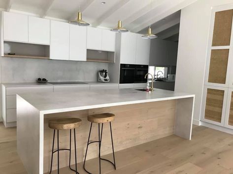 Grey White Timber Kitchen, Grey Benchtop Kitchen, Concrete Splashback, Concrete Benchtop Kitchen, Grey Worktop Kitchen, Airy Concrete Caesarstone, Concrete Benchtop, Polished Concrete Kitchen, Timber Floors