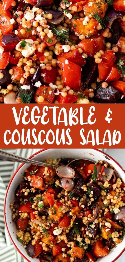 Roasted vegetable couscous salad is a simple, colourful, and fresh dish. The vegetables are roasted in the oven and tossed with couscous, fresh herbs, and feta. Roasted Vegetable Couscous Salad, Best Couscous Salad, Moroccan Couscous Salad, Cook Couscous, Vegetable Couscous Salad, Roasted Vegetable Couscous, Vegetable Couscous, Moroccan Couscous, Fresh Dishes