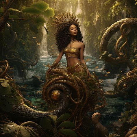 Black Aphrodite Tattoo, Mami Wata Aesthetic, Mami Wata Art, Mami Wata Tattoo, Mami Wata Goddesses, Black Gods And Goddesses, Black Women Art Goddesses, African Gods And Goddesses, Black Mermaid Aesthetic